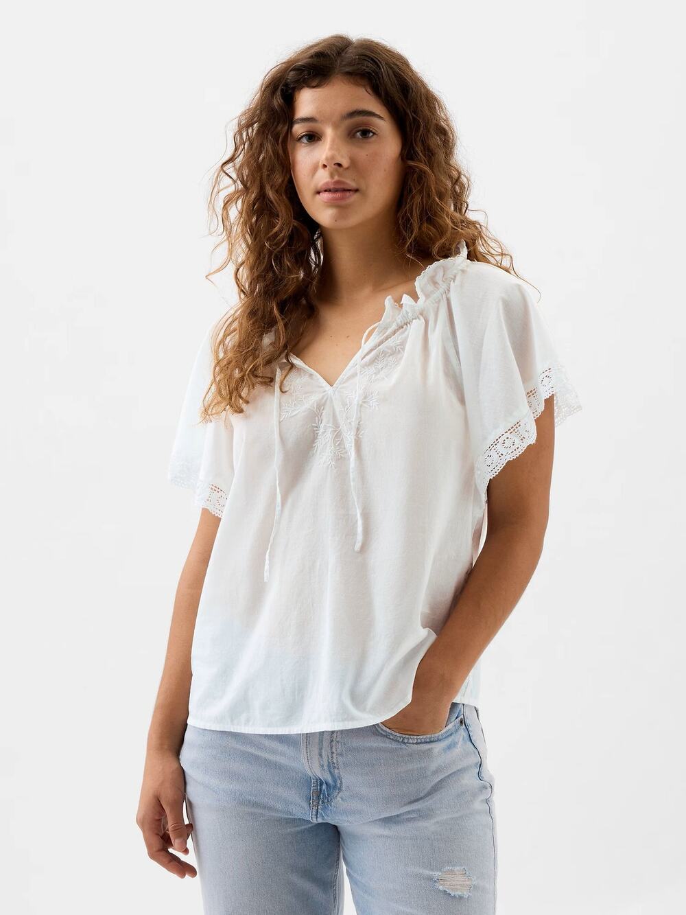 Gap Women's Top Size 2XL White Lace Lightweight Boho Splitneck Beach